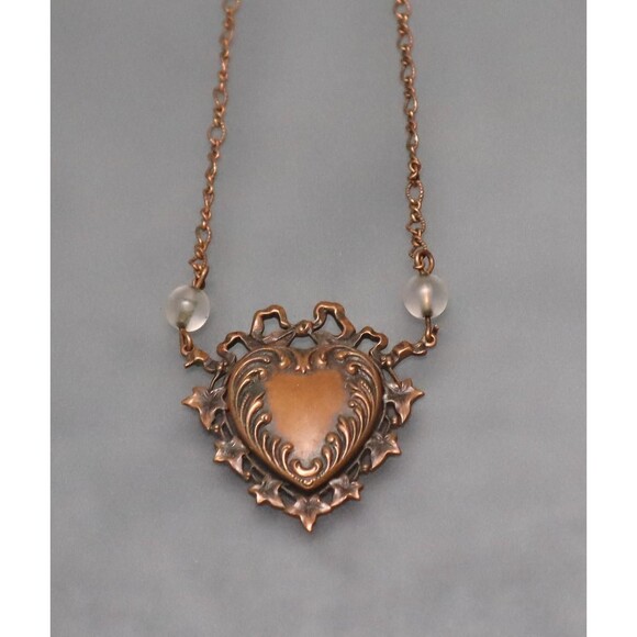 Pididdly Links Victorian Heart Necklace Copper Tone Glass Beads - Picture 3 of 5